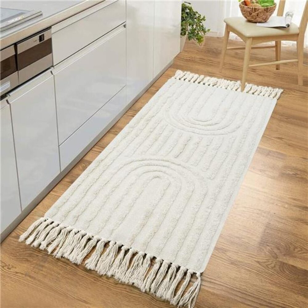 Boho Kitchen Runner Rug 2'x4' Cotton Laundry Room Rug Beige Rainbow Rug - Picture 2 of 7